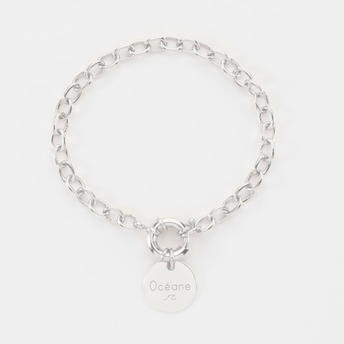 Bracelet personnalisé chaine fermoir marin médaille gravée argent 15 mm - texte picto vague