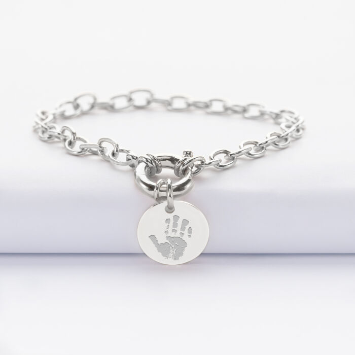 Bracelet personnalisé chaine fermoir marin médaille gravée argent 15 mm - empreinte