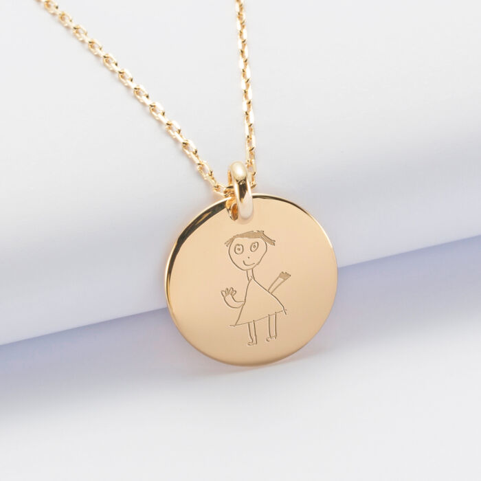 Personalised engraved gold plated rounded medallion pendant 20 mm sketch