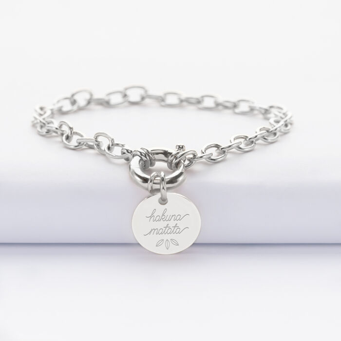 Bracelet personnalisé chaine fermoir marin médaille gravée argent 15 mm - illu