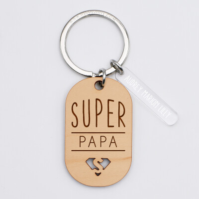 Porte-clés super papa personnalisé gravé bois médaille ovale 55 mm et breloque acrylique 40x8 mm - prénoms