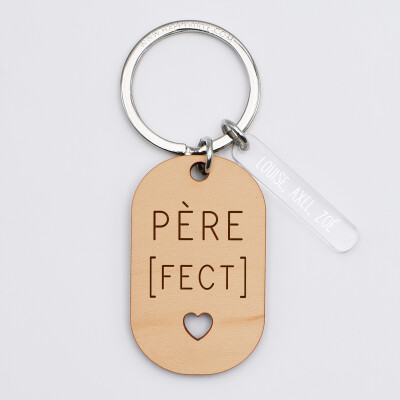 Porte-clés "Père fect" personnalisé gravé bois médaille ovale 55x35 mm et breloque acrylique 40x8 mm - prénoms