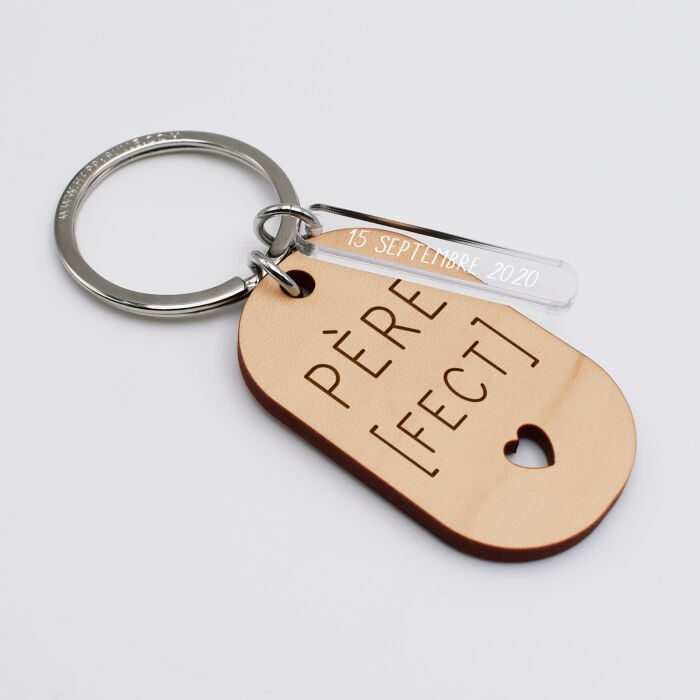 Porte-clés "Père fect" personnalisé gravé bois médaille ovale 55x35 mm et breloque acrylique 40x8 mm - père fect