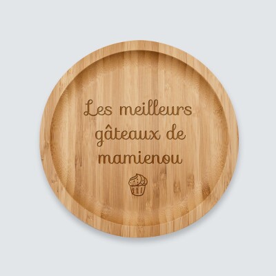 Plateau rond personnalisé bois gravé 20x20 cm - texte picto gateau