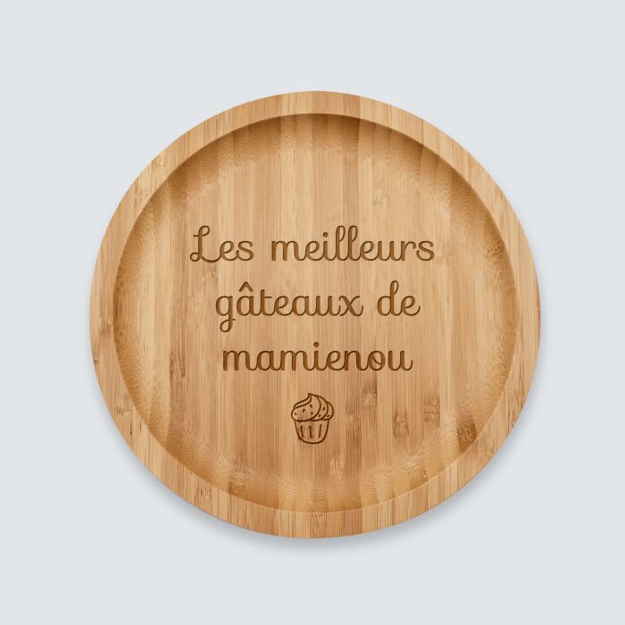 Plateau rond personnalisé bois gravé 20x20 cm - texte picto gateau