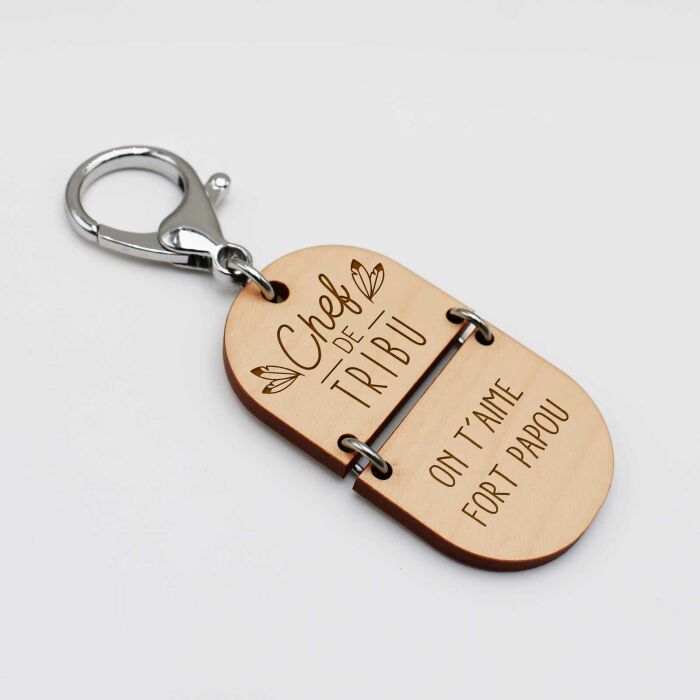Porte-clés personnalisé gravé bi-matière bois 55 mm - édition spéciale "papa" - chef de tribu