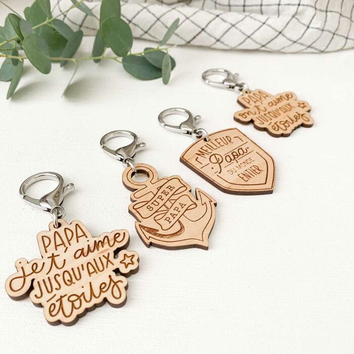 Porte-clés ancre gravé bois médaille 62x40 mm - Edition spéciale "Super papa" - ambiance collection
