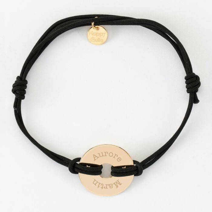 Bracelet homme personnalisé cordon double médaille gravée plaqué or cible 20 mm - prénoms