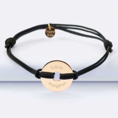 Bracelet homme personnalisé cordon double médaille gravée plaqué or cible 20 mm - 2 prénoms