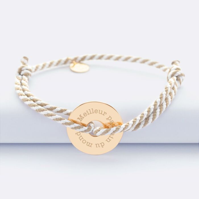 Bracelet homme personnalisé cordon marin tressé médaille gravée plaqué or cible 20 mm - texte papa