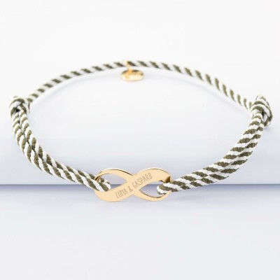 Bracelet infini homme personnalisé cordon marin tressé médaille gravée plaqué or 23x10mm - 2 prénoms