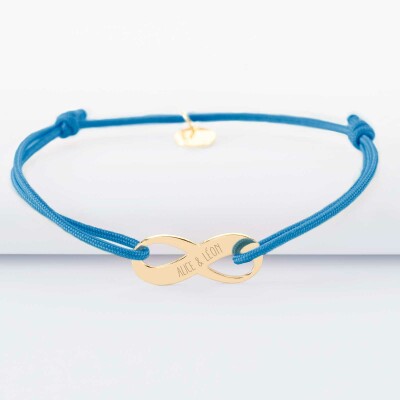 Bracelet infini homme personnalisé cordon simple médaille gravée plaqué or 23x10mm - 2 prénoms