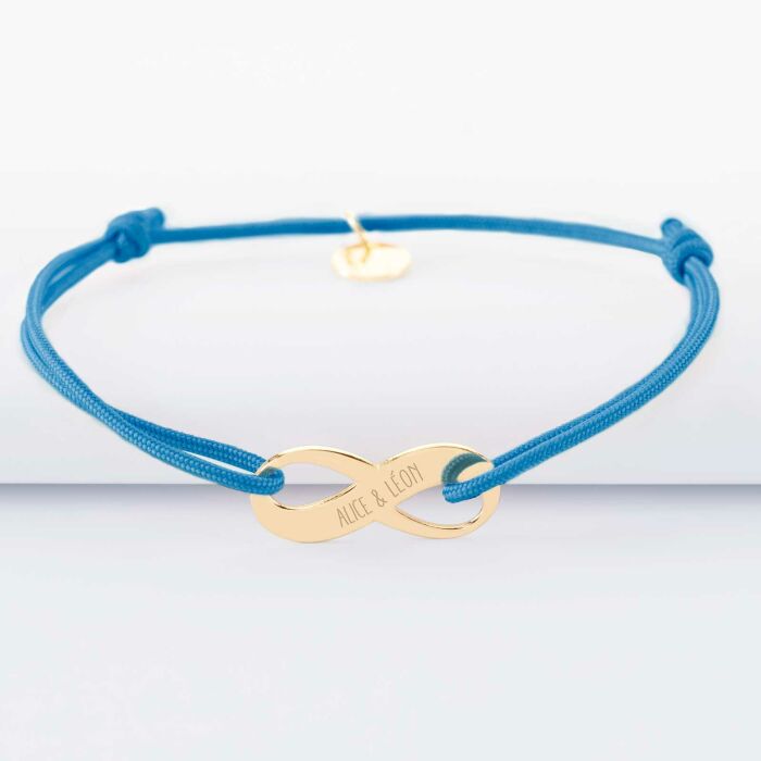 Bracelet infini homme personnalisé cordon simple médaille gravée plaqué or 23x10mm - 2 prénoms