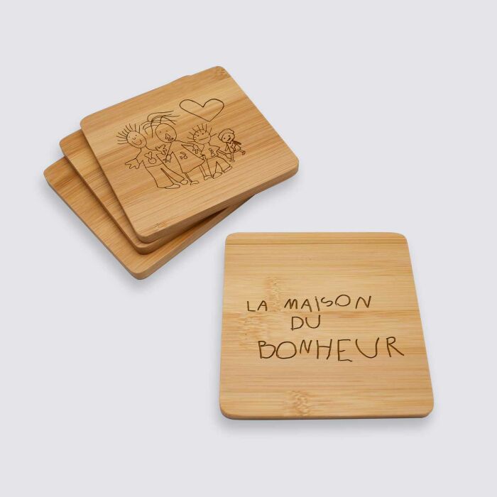 Lot de 4  sous-verres personnalisés gravés bambou 9x9 cm - texte manuscrit + dessin