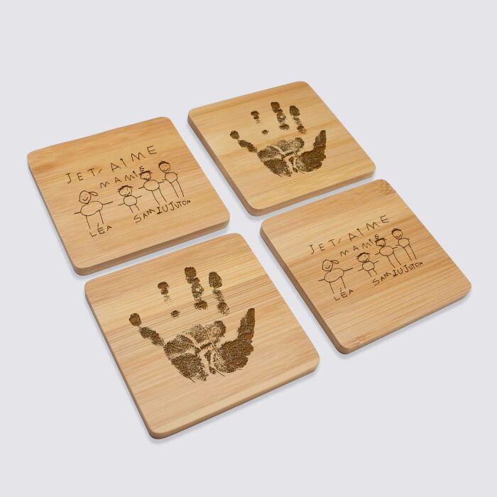 Lot de 4  sous-verres personnalisés gravés bambou 9x9 cm - empreinte + dessin