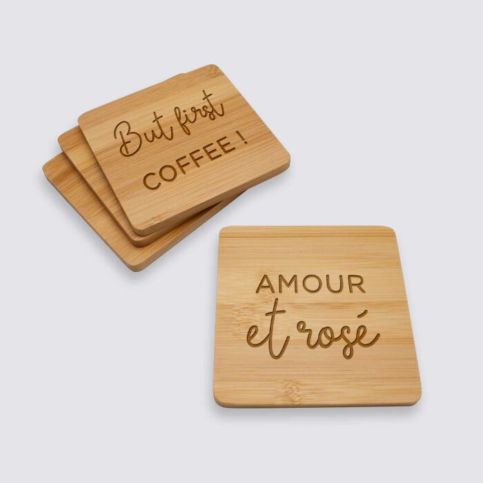 Lot de 4  sous-verres personnalisés gravés bambou 9x9 cm - double illu