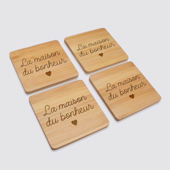 Lot de 4  sous-verres personnalisés gravés bambou 9x9 cm - texte = picto