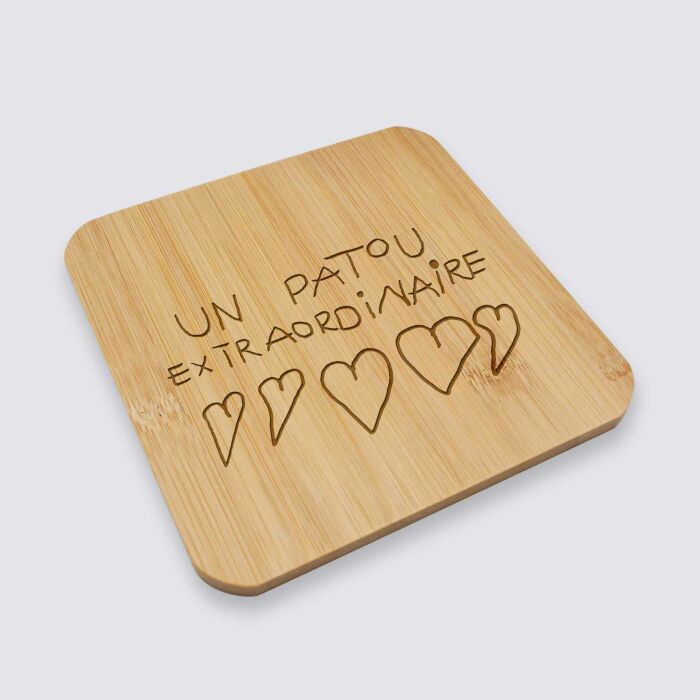 Dessous de plat personnalisé gravé bambou 145x145 mm - texte manuscrit