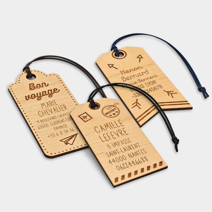 Étiquette à bagage personnalisée bois gravé "Découverte",  "Aventure", "Bon voyage" - collection