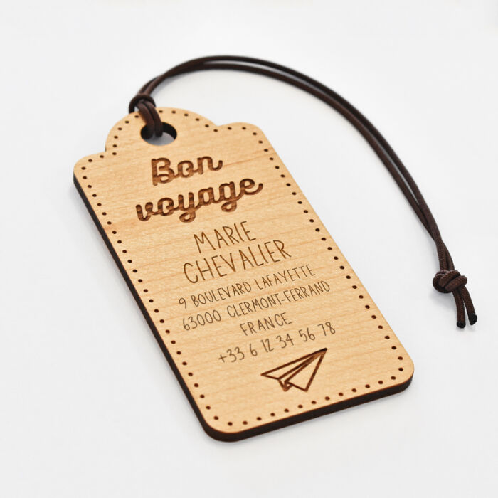 Étiquette à bagage personnalisée bois gravé "Découverte",  "Aventure", "Bon voyage" voyage biais 1