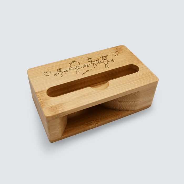 Support téléphone personnalisé bois gravé avec amplificateur de son - dessin