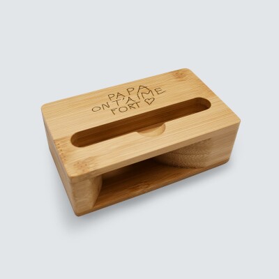Support téléphone personnalisé bois gravé avec amplificateur de son - biais vue haut