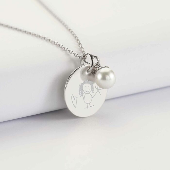 Pendentif personnalisé médaille gravée argent 19 mm et breloque perle nacre 10 mm - dessin