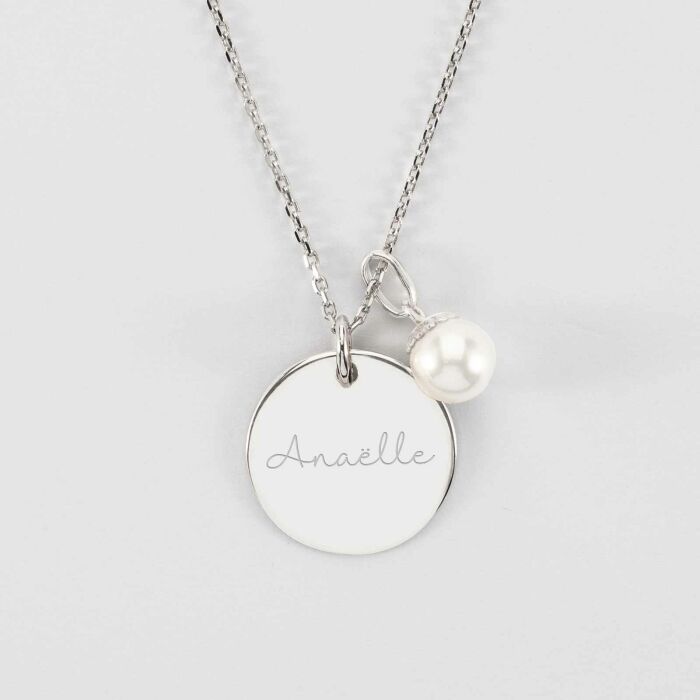 Pendentif personnalisé médaille gravée argent 19 mm et breloque perle nacre 10 mm - prénom