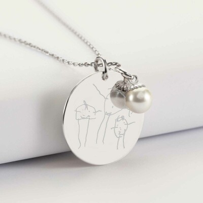 Pendentif personnalisé médaille gravée argent 27 mm et breloque perle nacre 10 mm - dessin