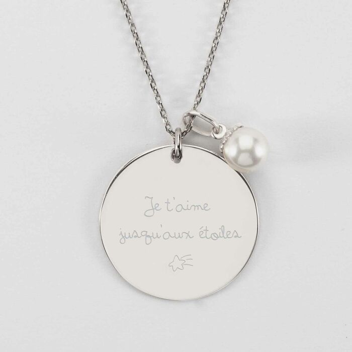 Pendentif personnalisé médaille gravée argent 27 mm et breloque perle nacre 10 mm - texte et picto étoile