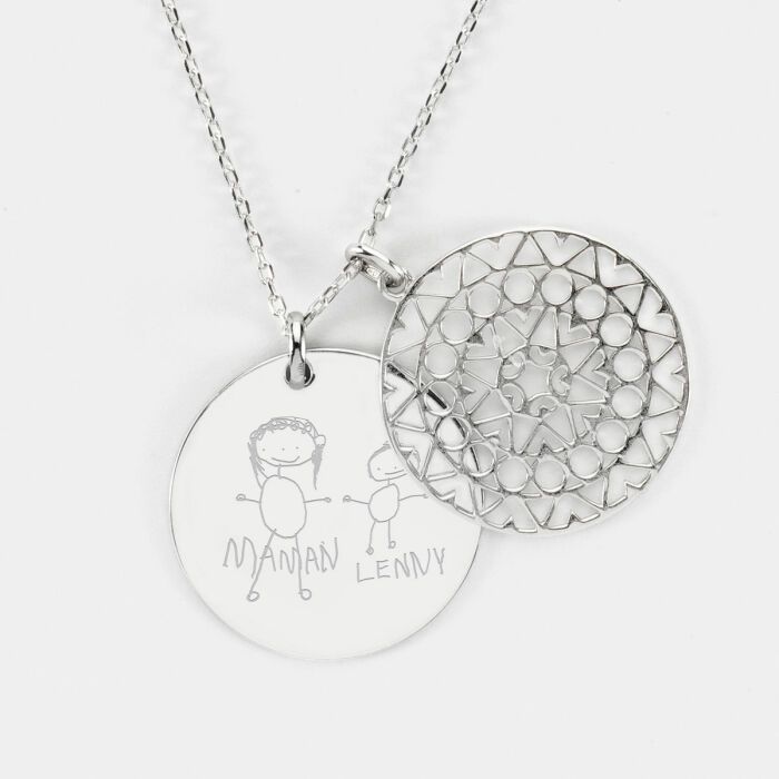 Pendentif personnalisé médaille gravée argent 27 mm et breloque arabesque - dessin