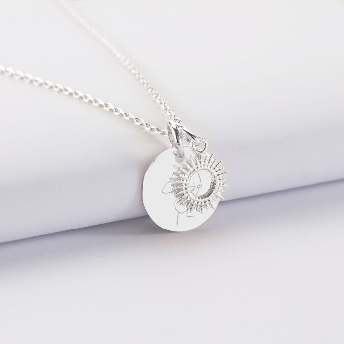 Pendentif personnalisé médaille gravée argent 15 mm et breloque soleil 10 mm - dessin