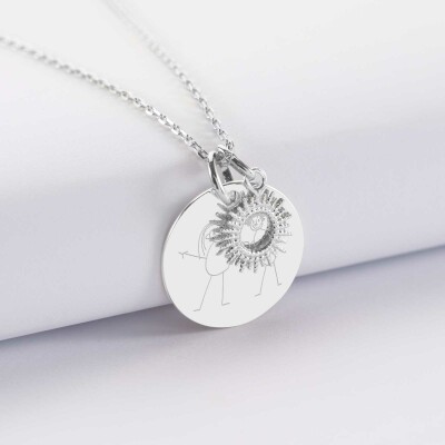 Pendentif personnalisé médaille gravée argent 19 mm et breloque soleil 10 mm - dessin