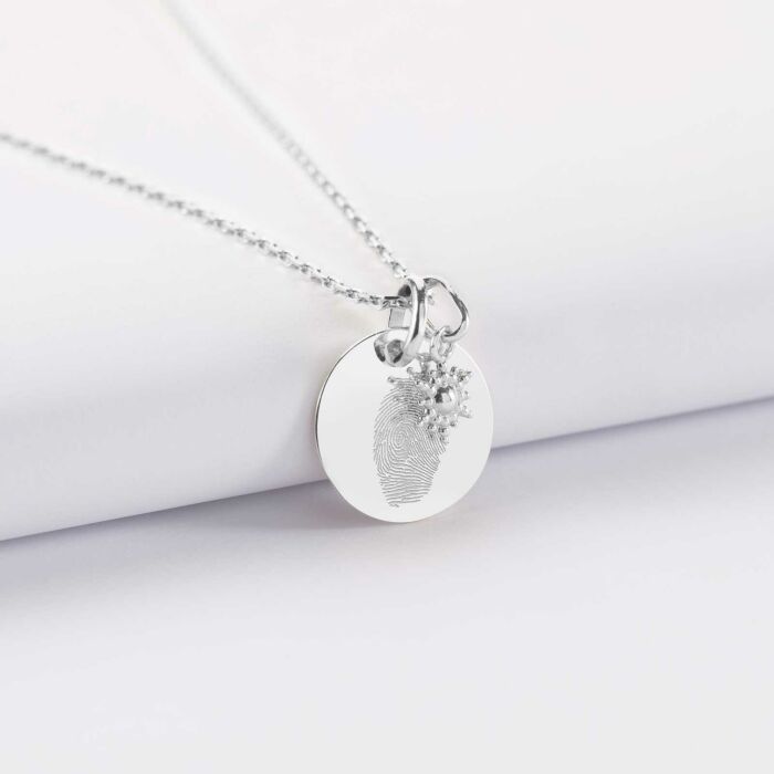 Pendentif personnalisé médaille gravée argent 15 mm et breloque étoile brillante 6 mm - empreinte doigt