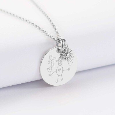 Pendentif personnalisé médaille gravée argent 19 mm et breloque étoile brillante 6 mm - dessin