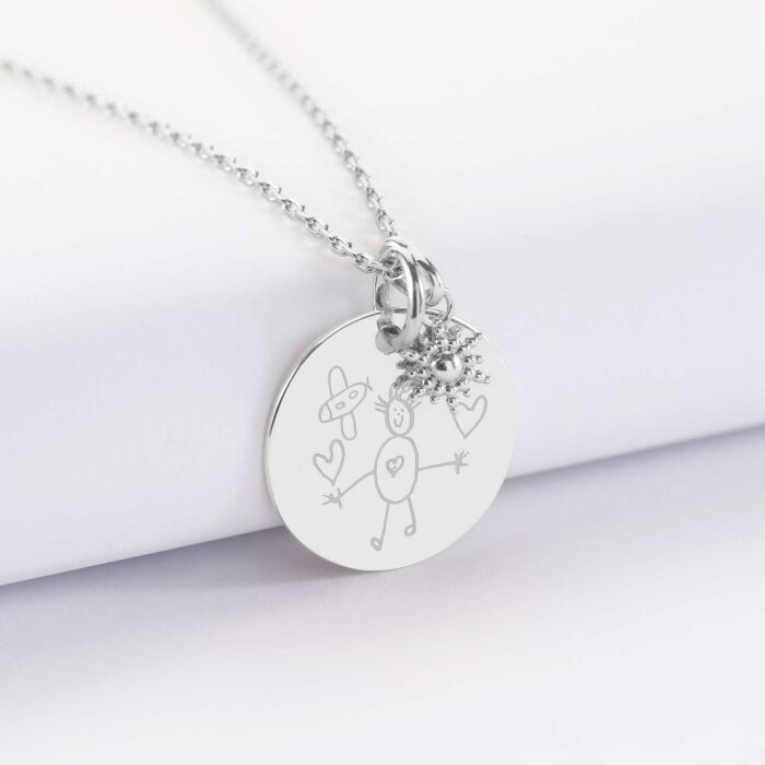 Pendentif personnalisé médaille gravée argent 19 mm et breloque étoile brillante 6 mm - dessin