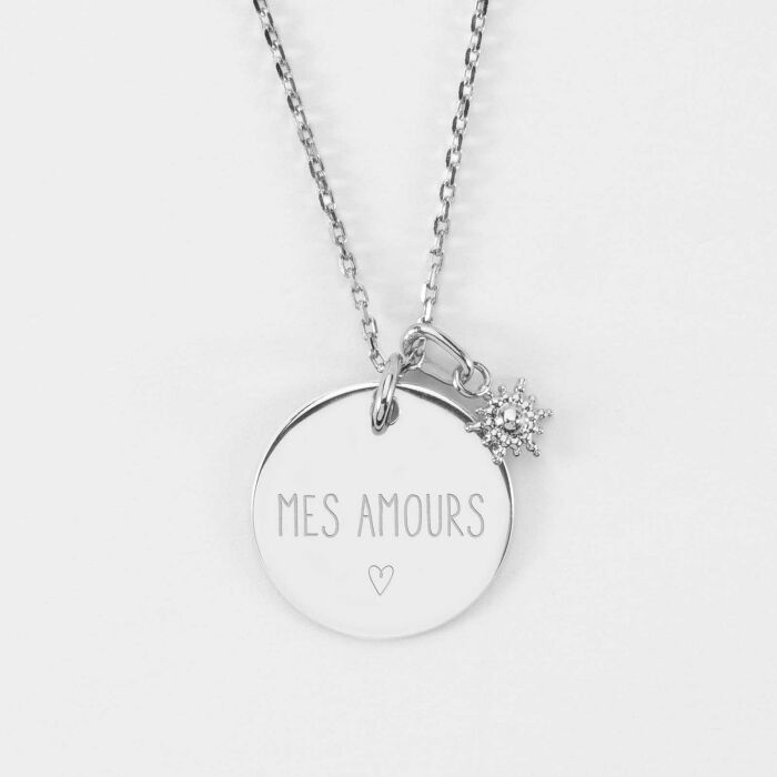 Pendentif personnalisé médaille gravée argent 19 mm et breloque étoile brillante 6 mm - texte et picto coeur