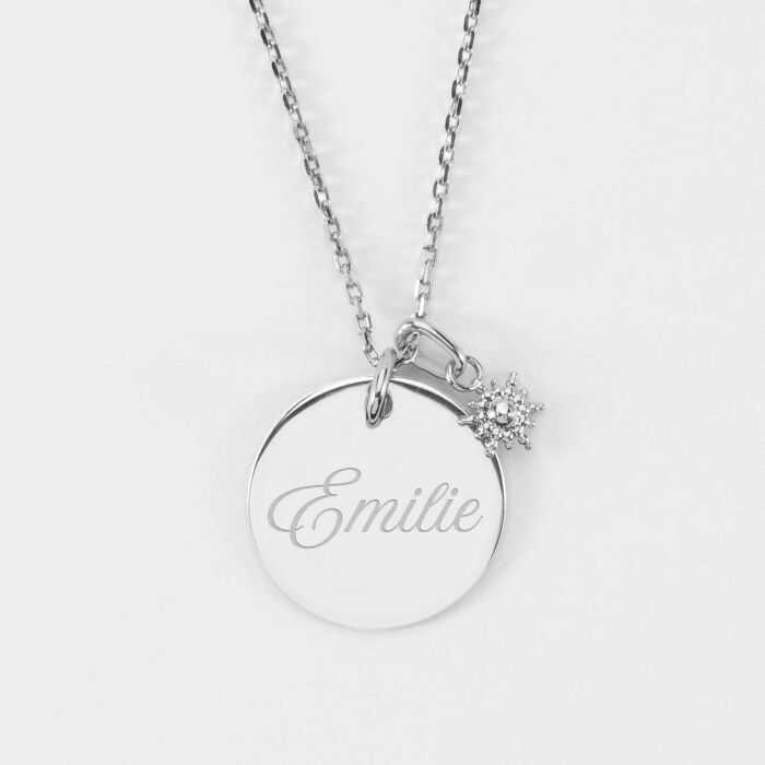 Pendentif personnalisé médaille gravée argent 19 mm et breloque étoile brillante 6 mm - prénom