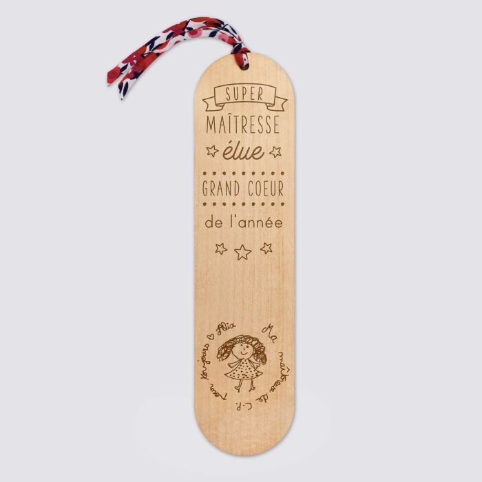 Marque page personnalisé bois gravé avec cordon liberty - édition spéciale "Super Maîtresse" - dessin