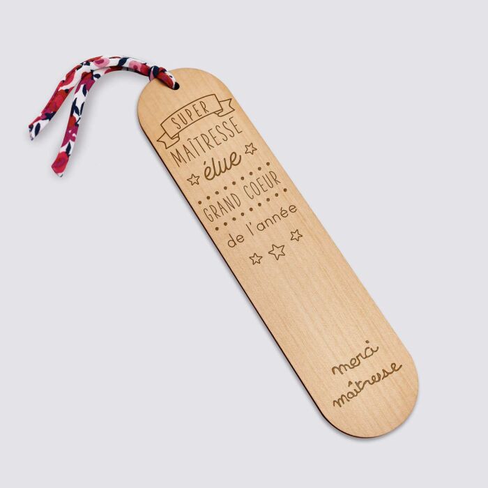 Marque page personnalisé bois gravé avec cordon liberty - édition spéciale "Super Maîtresse" - écrit manuscrit