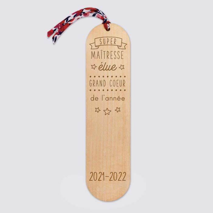 Marque page personnalisé bois gravé avec cordon liberty - édition spéciale "Super Maîtresse" - texte date