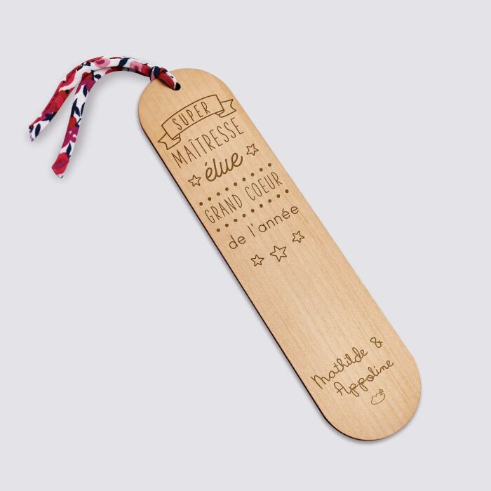 Marque page personnalisé bois gravé avec cordon liberty - édition spéciale "Super Maîtresse" - texte picto