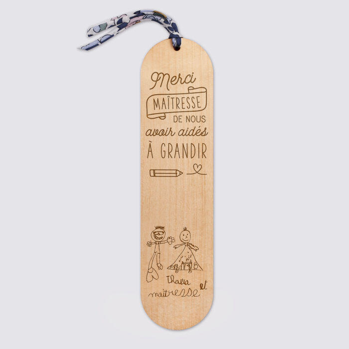 Marque page personnalisé bois gravé avec cordon liberty - édition spéciale "Merci Maîtresse" - dessin