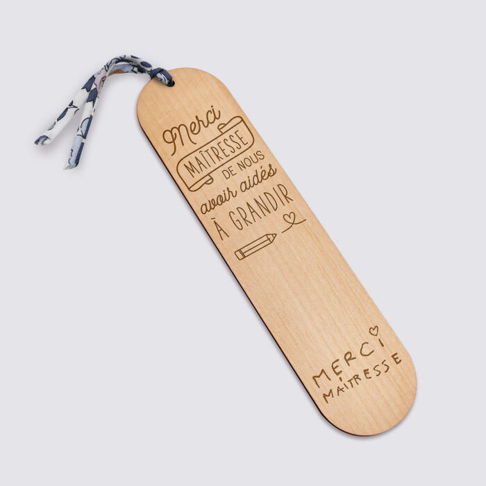 Marque page personnalisé bois gravé avec cordon liberty - édition spéciale "Merci Maîtresse" - texte manuscrit