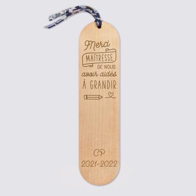 Marque page personnalisé bois gravé avec cordon liberty - édition spéciale "Merci Maîtresse" - texte