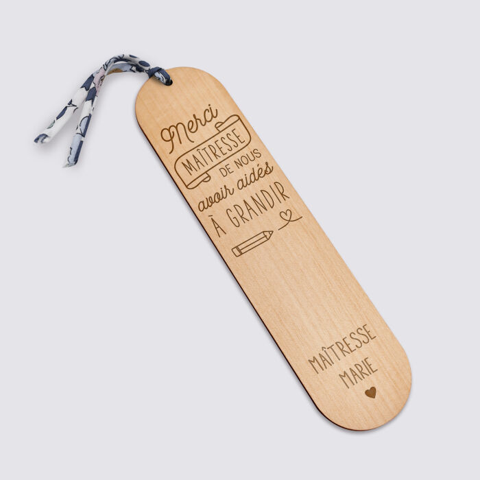 Marque page personnalisé bois gravé avec cordon liberty - édition spéciale "Merci Maîtresse" - texte picto