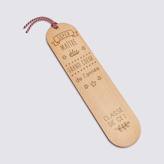 Marque page personnalisé bois gravé avec cordon marin - édition spéciale "Super Maître" - texte picto feuille