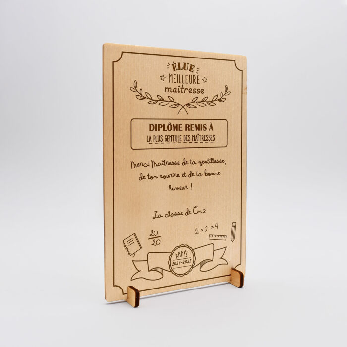 Cadre diplôme maîtresse personnalisé bois gravé 15x10 cm avec support - édition spéciale "Meilleure maîtresse" - texte