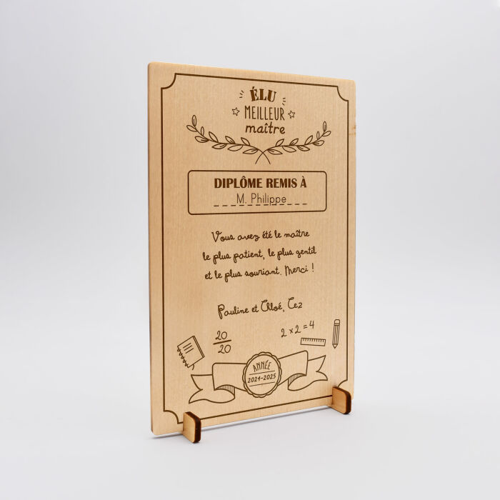 Cadre diplôme maître personnalisé bois gravé 15x10 cm avec support - édition spéciale "Meilleure maître" - texte