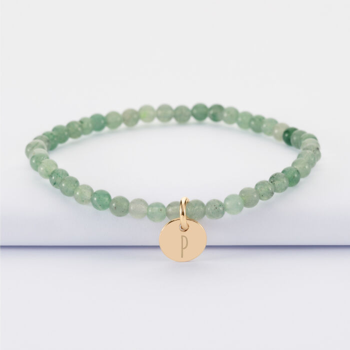 Bracelet perle élastique personnalisé médaille gravée plaqué or ronde 10 mm - P